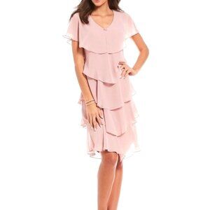 SLNY Georgette Tiered Ruffled Sleeveless Shift Midi Dress Size 10 Rose Jewel